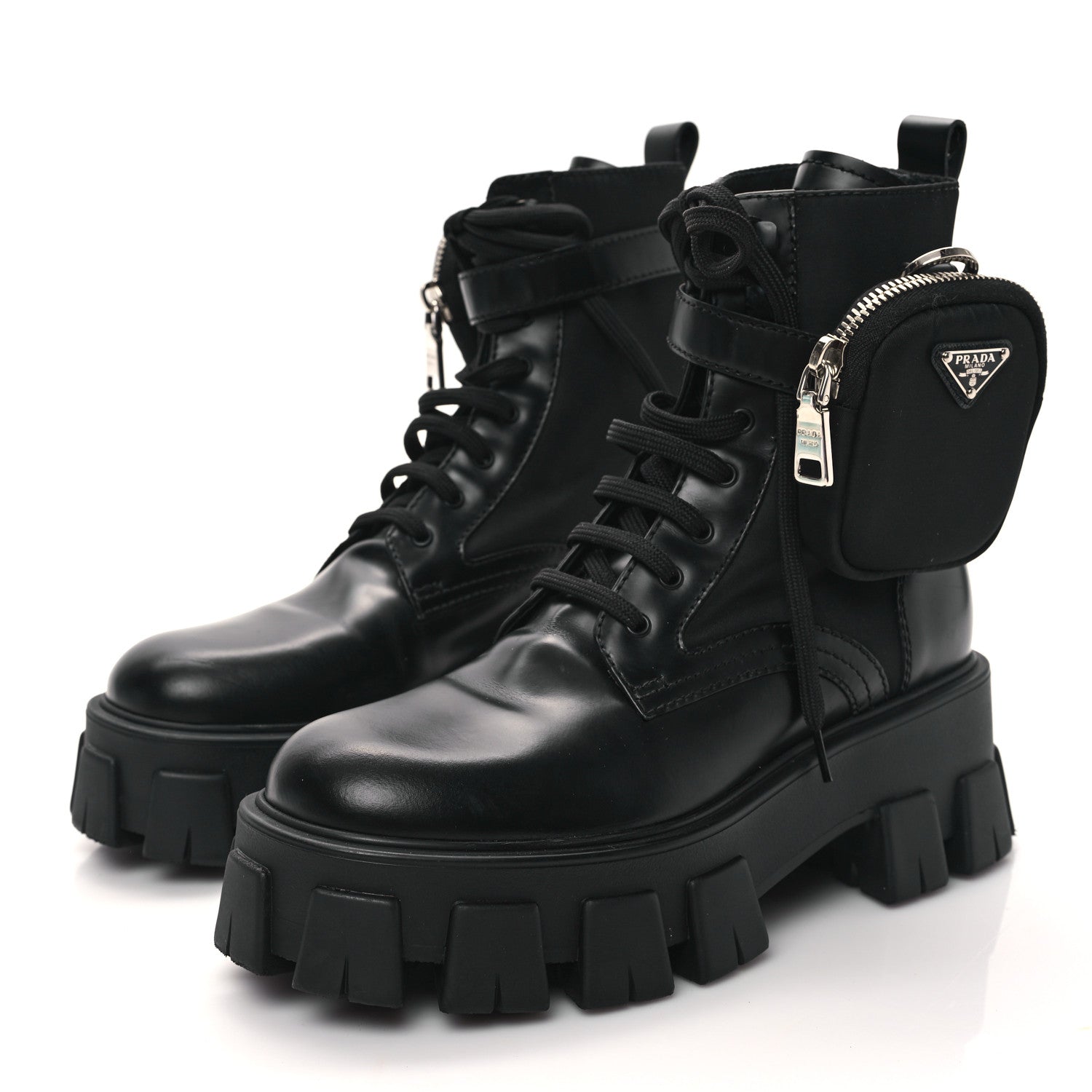 Prada Spazzolato Rois Re-Nylon Metal Triangle Logo Monolith Pouch Pocket 55mm Boots 36.5 Black 3 of 8