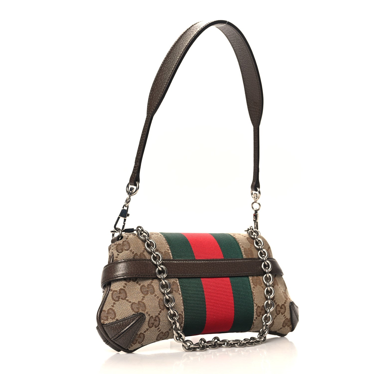 Gucci Monogram Textured Dollar Calfskin Heavy Grosgrain Web Small Maxi Horsebit Chain Shoulder Bag Beige Ebony New Acero 3 of 11