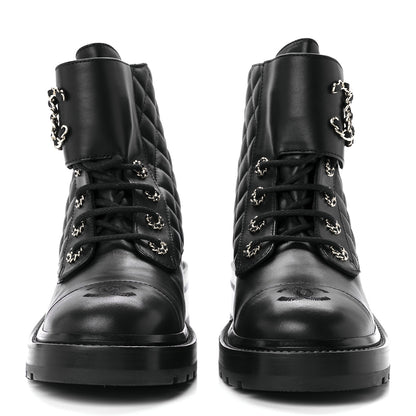 Chanel Shiny Lambskin Quilted Lace Up Combat Boots 39 Black 2 of 10