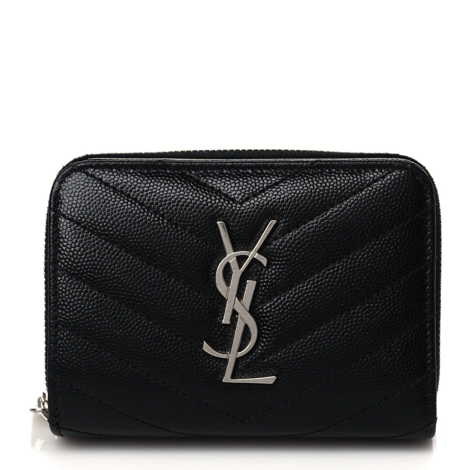 Saint Laurent Grain De Poudre Matelasse Chevron Monogram Compact Zip Around Wallet Black 1 of 9