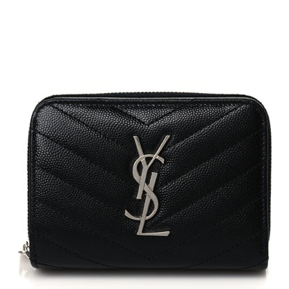 Saint Laurent Grain De Poudre Matelasse Chevron Monogram Compact Zip Around Wallet Black 1 of 9