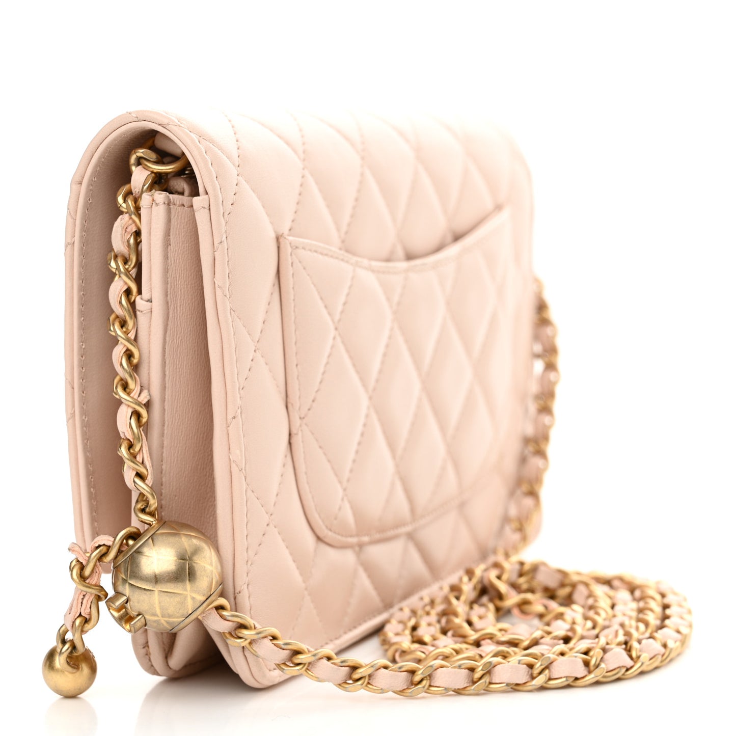Lambskin Quilted CC Pearl Crush Wallet on Chain WOC Beige