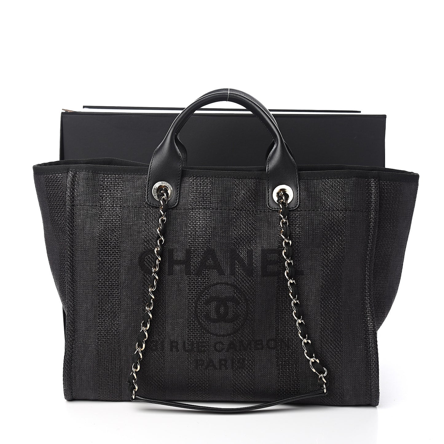 Mixed Fibers Calfskin Striped Medium Deauville Tote Black