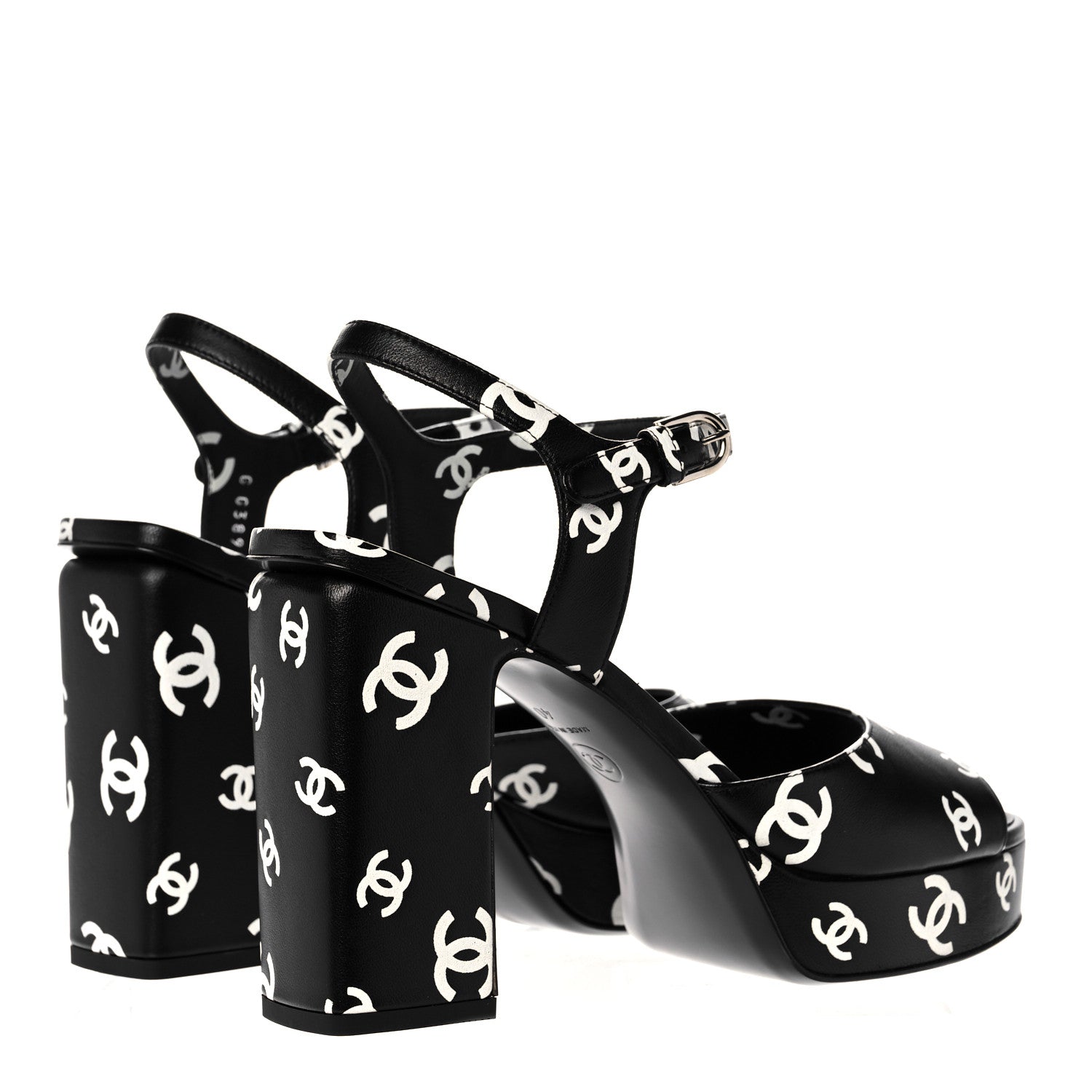 Chanel Printed Lambskin CC Platform Sandals 40 Black White 4 of 9