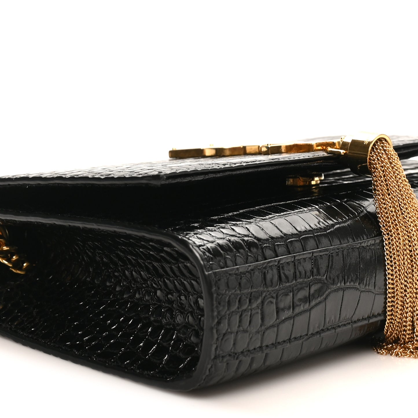 Calfskin Crocodile Embossed Small Classic Monogram Kate Tassel Satchel Black