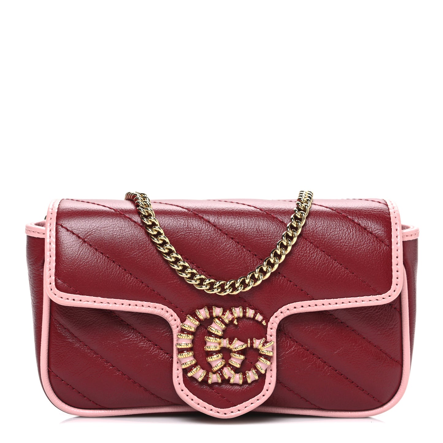 Azalea Calfskin Enamel Matelasse Diagonal Super Mini Torchon GG Marmont Shoulder Bag New Cherry Red Wild Rose