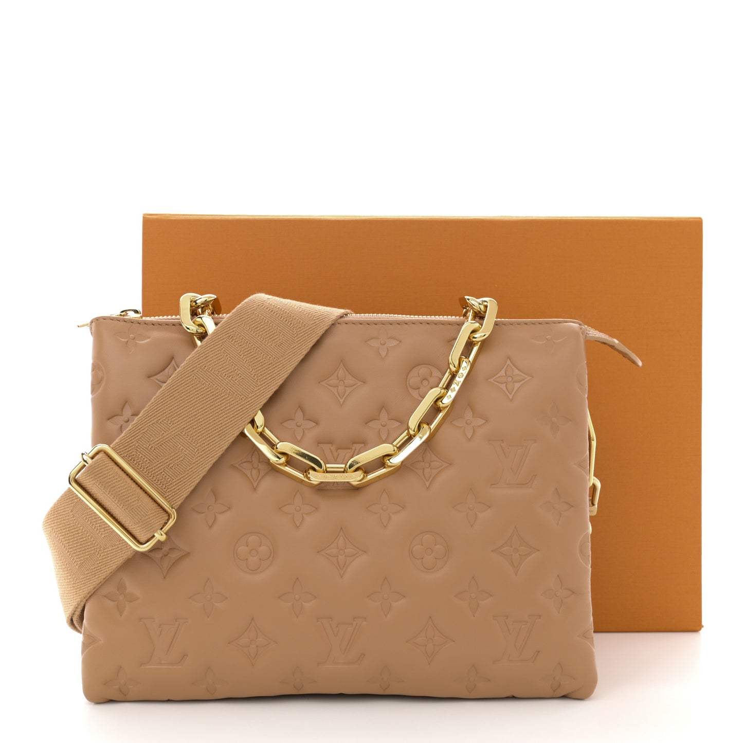 Lambskin Embossed Monogram Coussin PM Camel