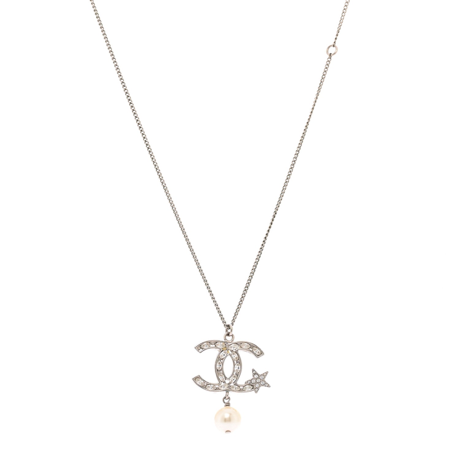 Chanel Crystal CC Star Pearl Drop Necklace Silver 1 of 5