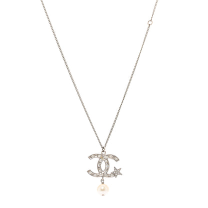 Chanel Crystal CC Star Pearl Drop Necklace Silver 1 of 5