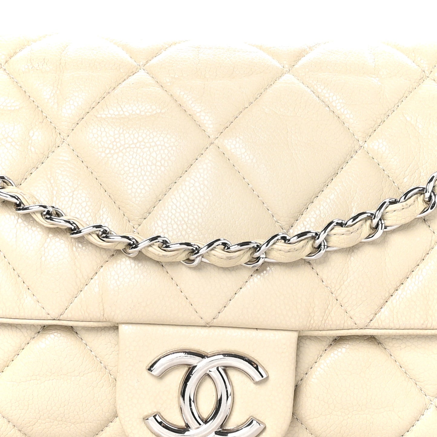 Glazed Caviar Medium Nature Flap Bag White