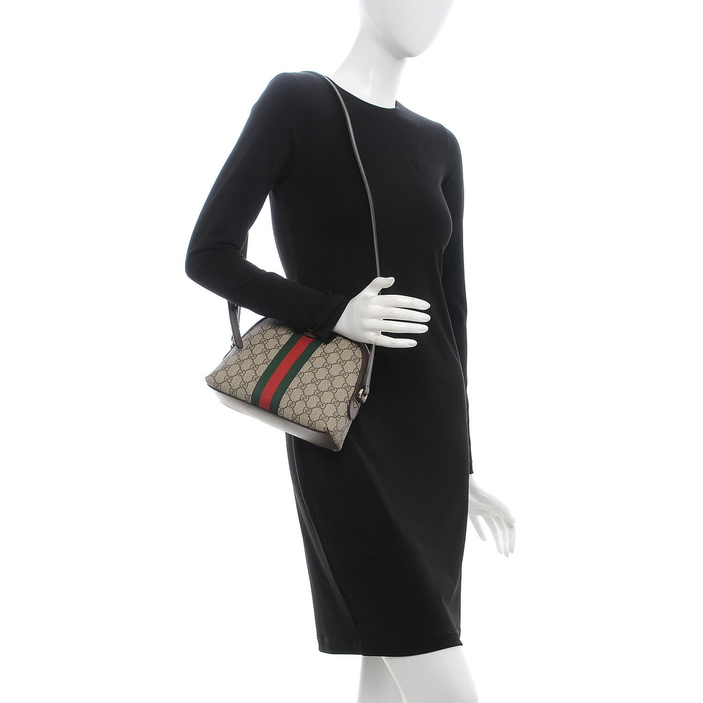 GG Supreme Monogram Textured Dollar Calfskin Web Small Ophidia Dome Shoulder Bag Beige Ebony New Acero