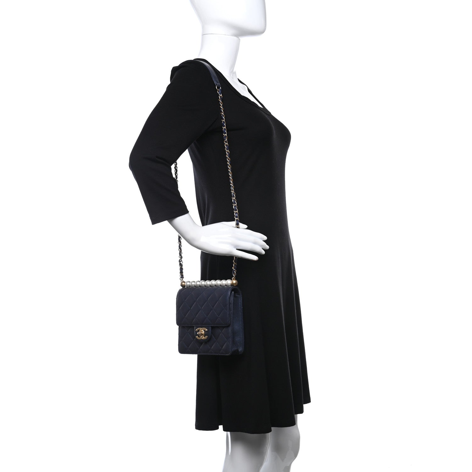 Chanel Iridescent Lambskin Quilted Chic Pearls Flap Navy Blue 2 of 9