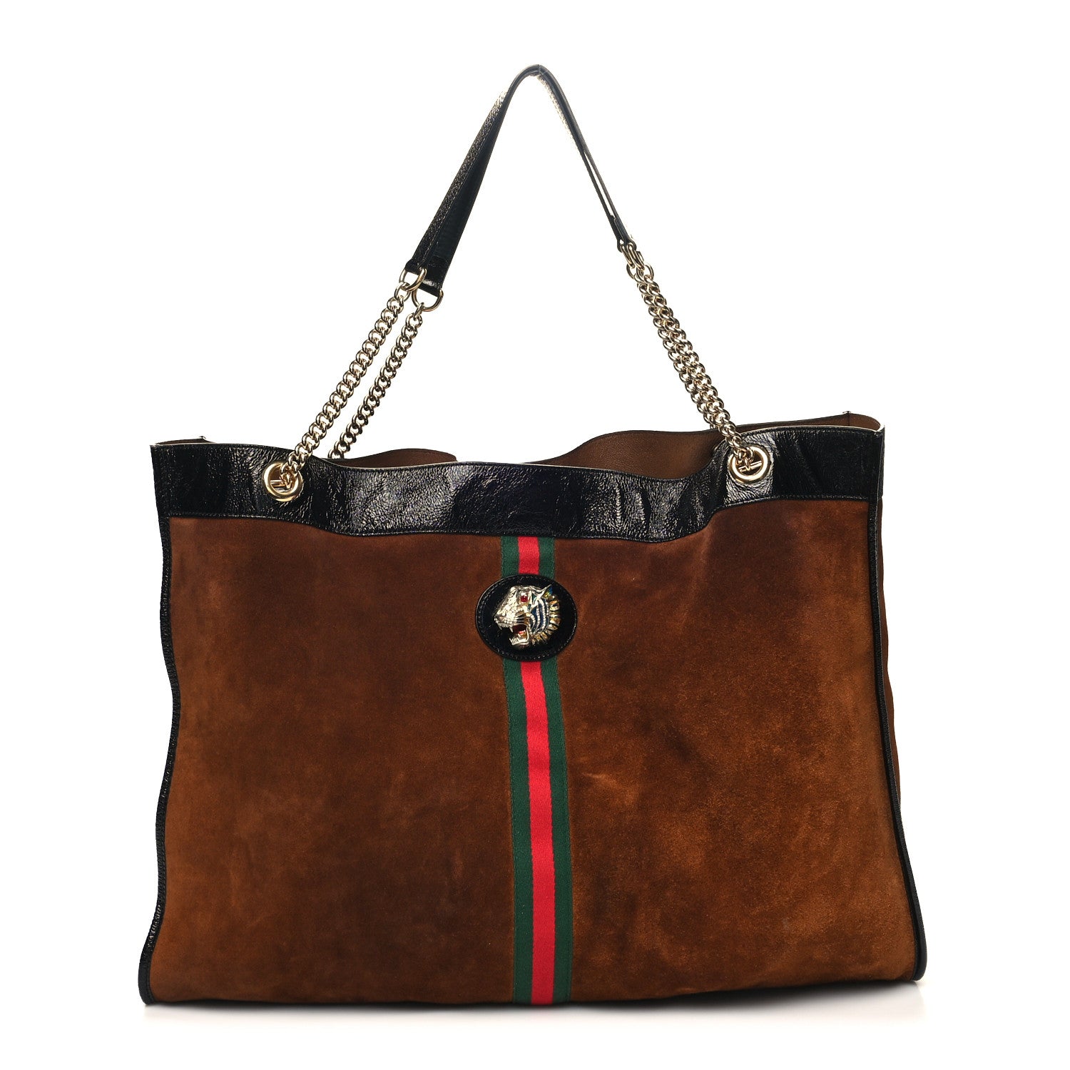 Gucci Suede Patent Maxi Rajah Chain Tote Nocciola Black 3 of 13