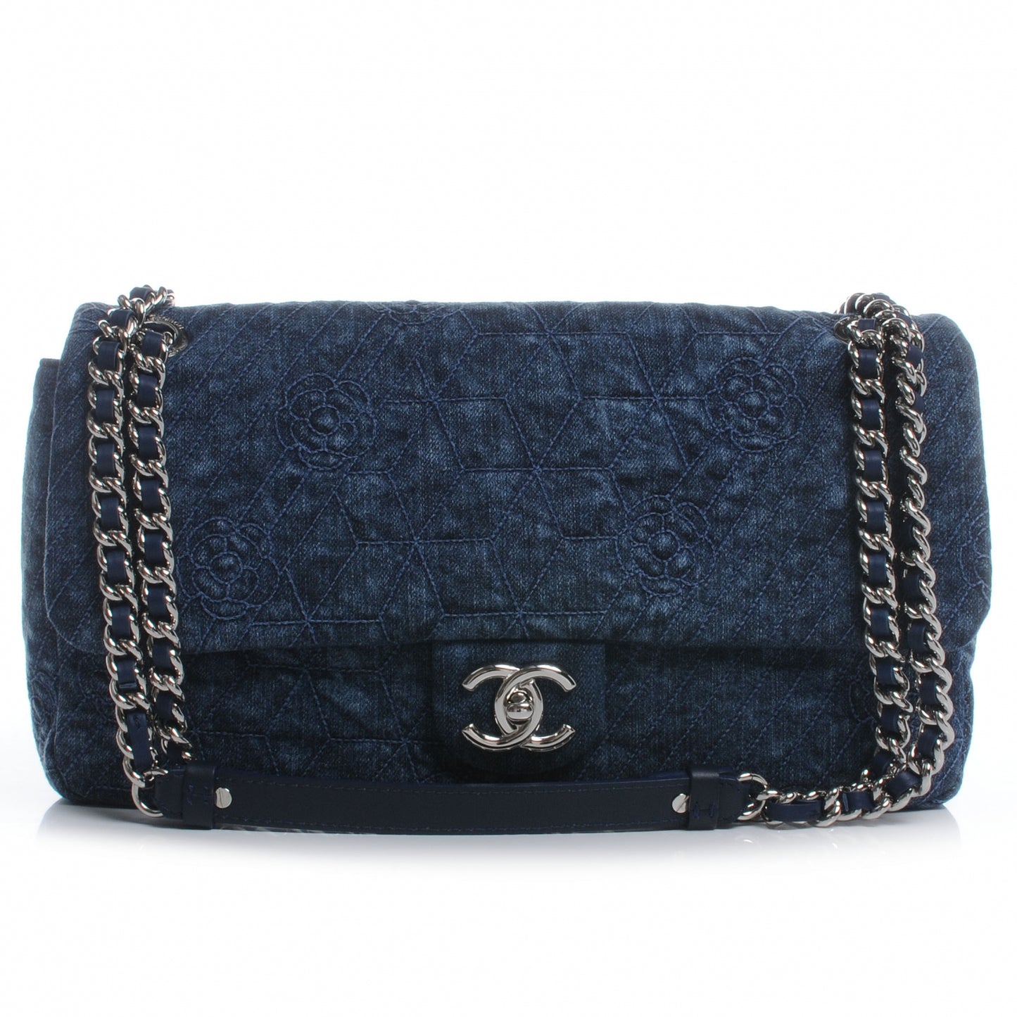 Denim Camellia Embroidered Large Flap Dark Blue
