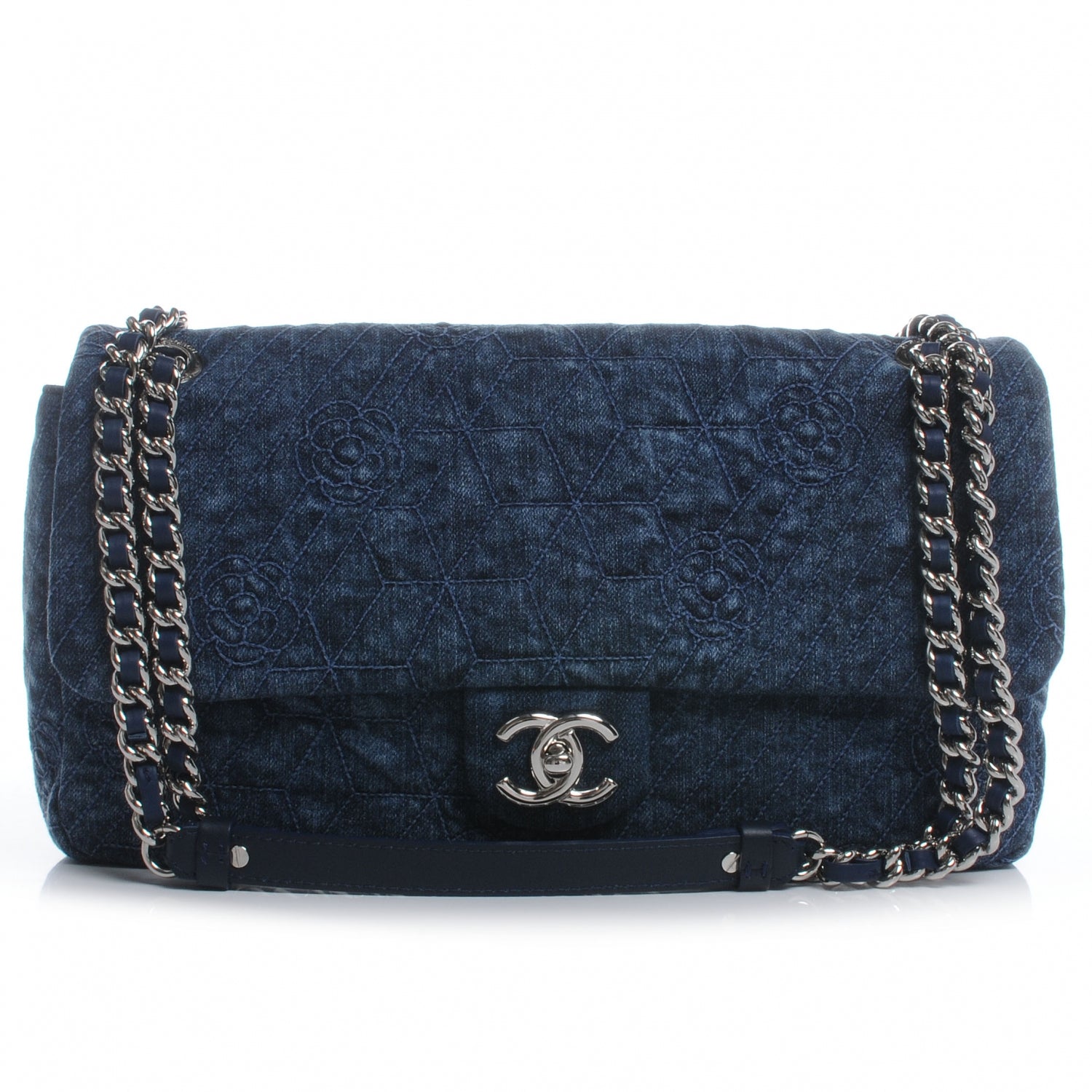 Chanel Denim Camellia Embroidered Large Flap Dark Blue 1 of 7