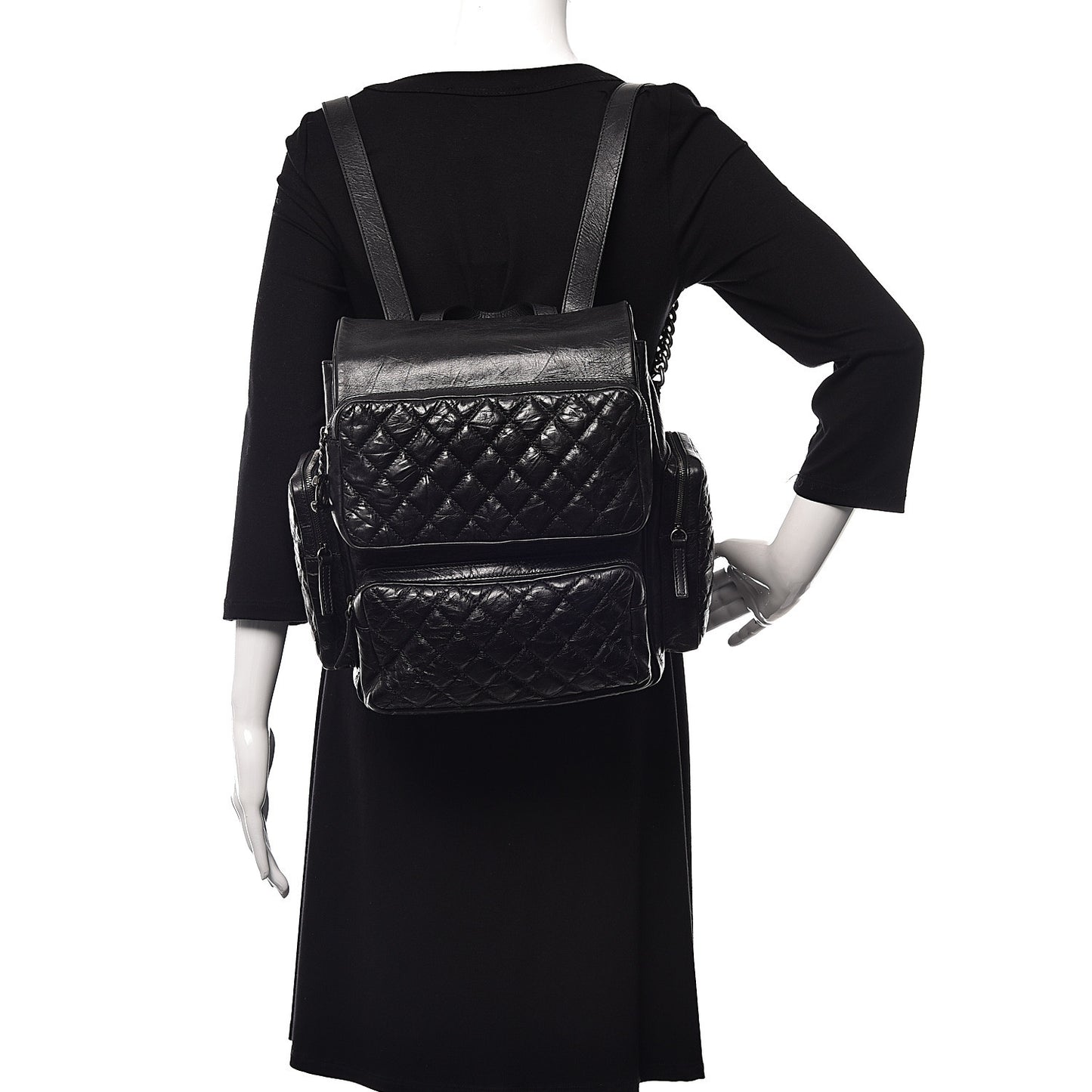 Aged Calfskin Quilted Large Casual Rock Backpack Black