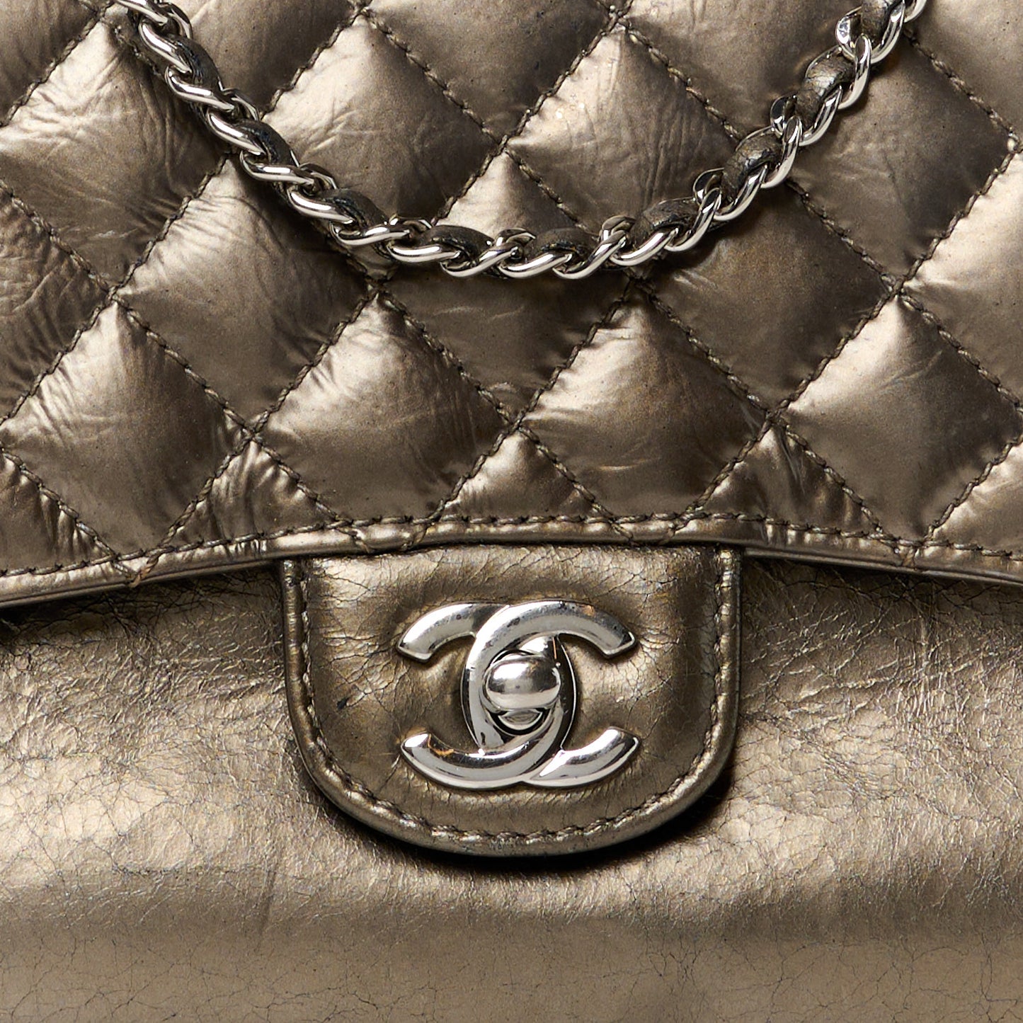 Metallic Crackled Calfskin Medium Clam's Pocket Flap Dark Silver