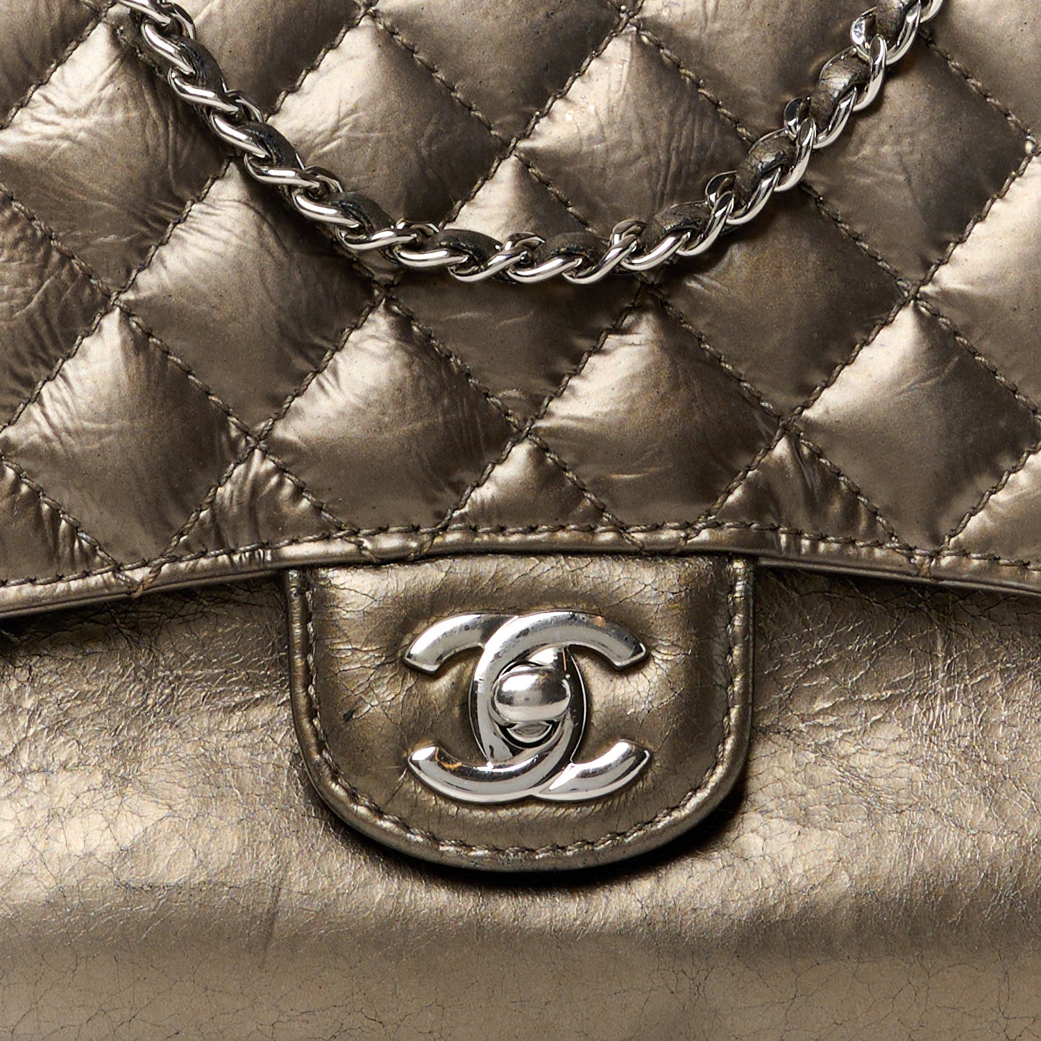 Chanel Metallic Crackled Calfskin Medium Clam's Pocket Flap Dark Silver 9 of 15