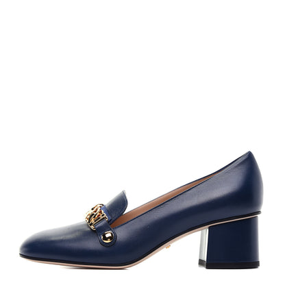 Gucci Malaga Kid Sylvie Web Chain Mid Heel Loafers 39 Blue Agata 1 of 11