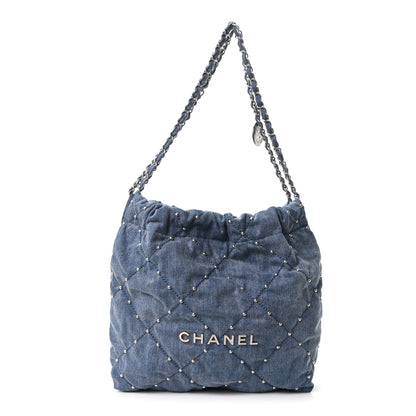 Chanel Washed Denim Quilted Studded Small Chanel 22 Blue 1 of 10