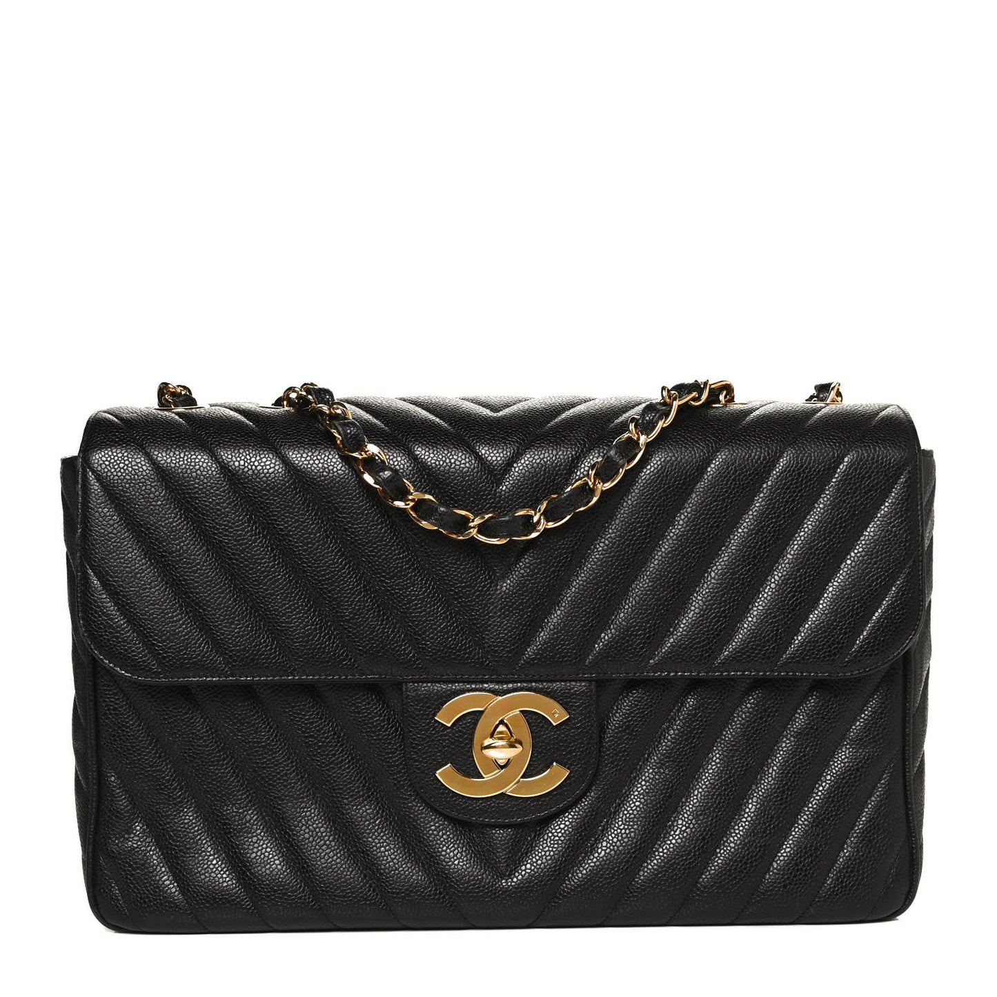 Caviar Chevron Quilted Maxi Single Flap Black