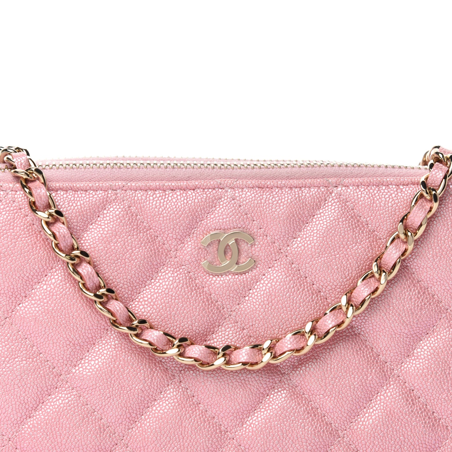 Iridescent Caviar Quilted Small Clutch With Chain Pink