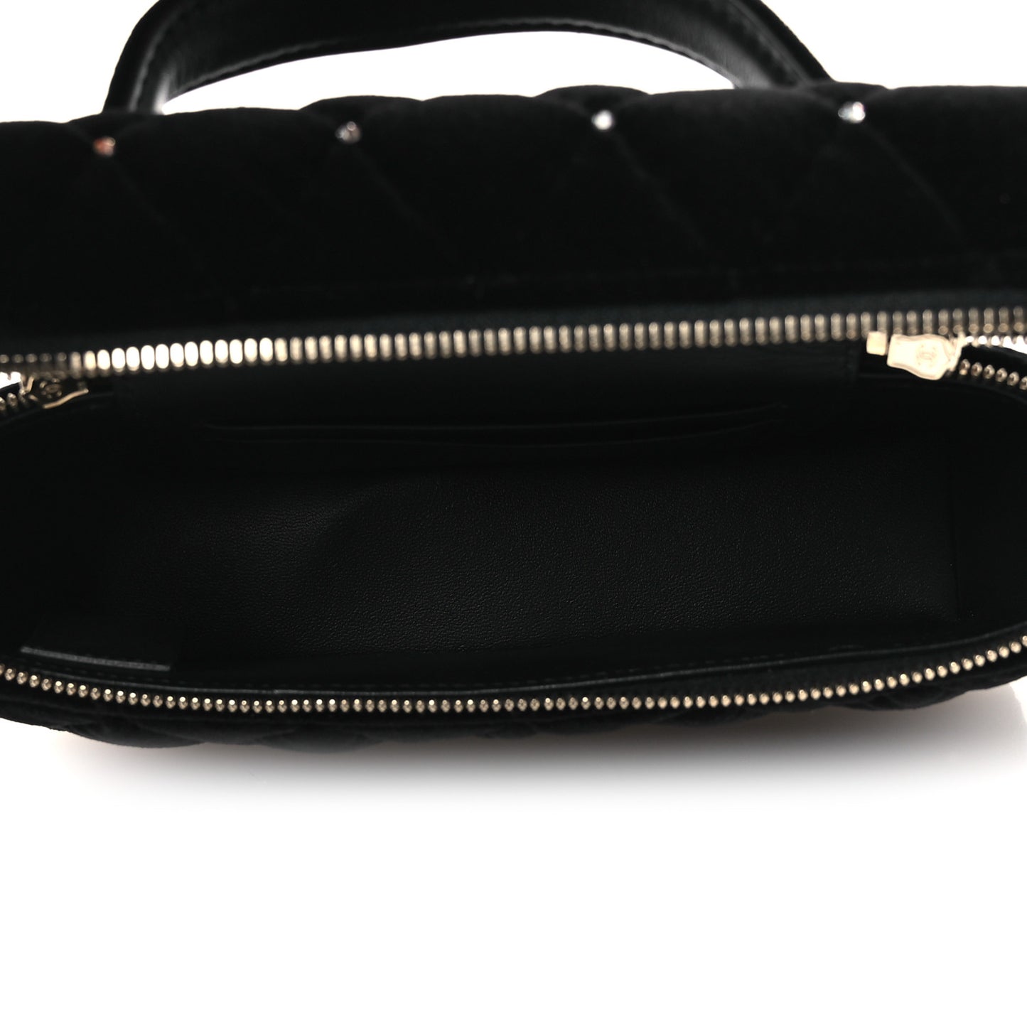 Velvet Diamanté Quilted Top Handle Slim Vanity Case With Chain Black