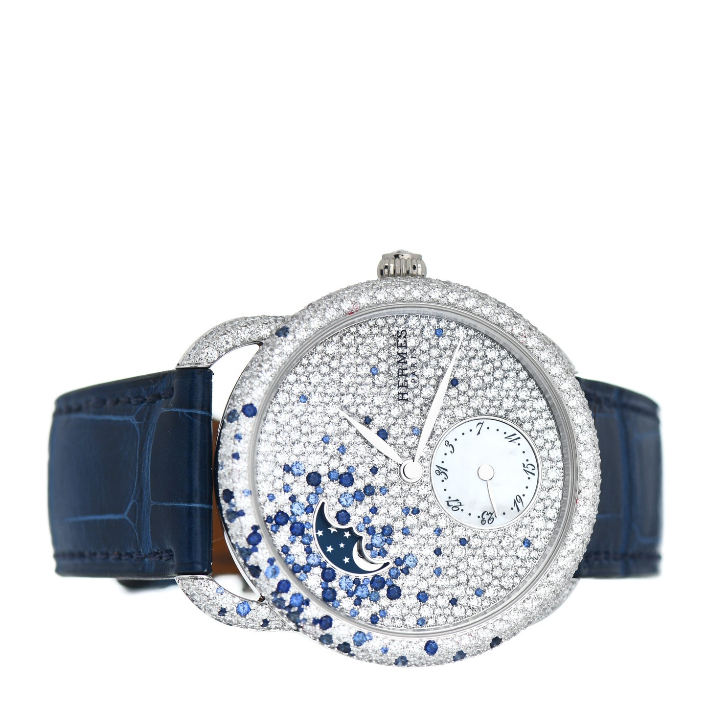 18K White Gold Alligator Diamond 38mm Arceau Petite Lune Automatic Watch Bleu Saphir