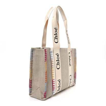 Chloe Linen Canvas Calfskin Blanket Stitched Medium Woody Ribbon Tote White Multicolor 3 of 12
