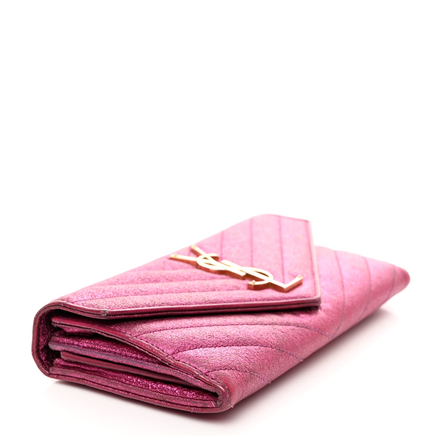 Saint Laurent Metallic Crackled Calfskin Matelasse Chevron Monogram Flap Wallet Fuchsia 6 of 10