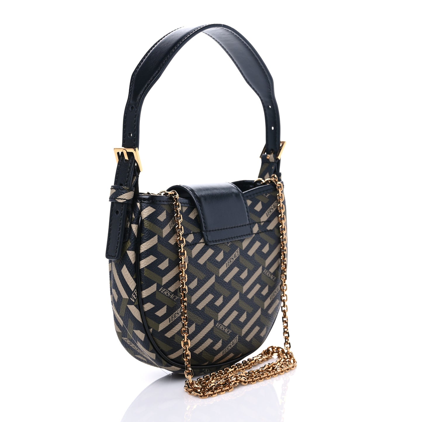 Coated Canvas Calfskin Mini La Greca Signature Shoulder Bag Black Khaki