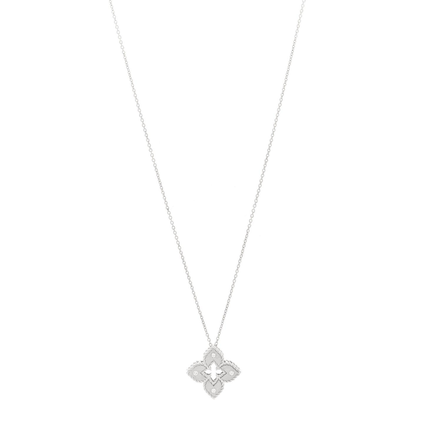 18K White Gold Diamond Petite Venetian Princess Flower Pendant Necklace