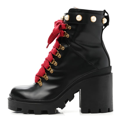 Gucci Magnum Calfskin Pearl Lace Up Combat Ankle Boots 39 Black 1 of 9