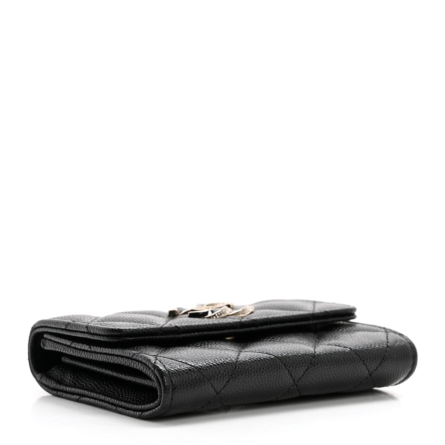Caviar Quilted Crystal Enamel CC Flap Card Holder Black