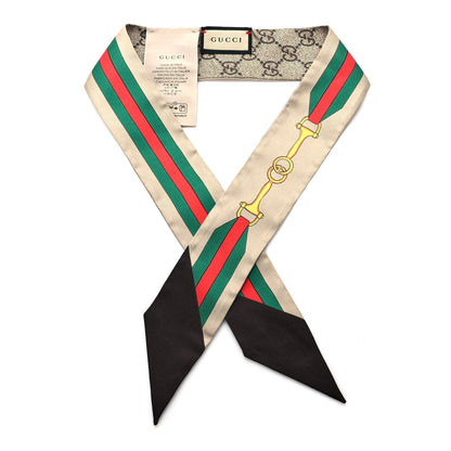 Gucci Silk Twill GG Monogram Web Horsebit Neck Bow Scarf Dark Brown 1 of 4