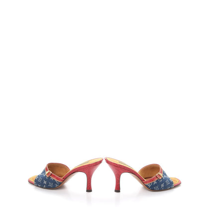 Louis Vuitton Denim Monogram Mules Peep Toe Heels 37 Blue Red 6 of 12