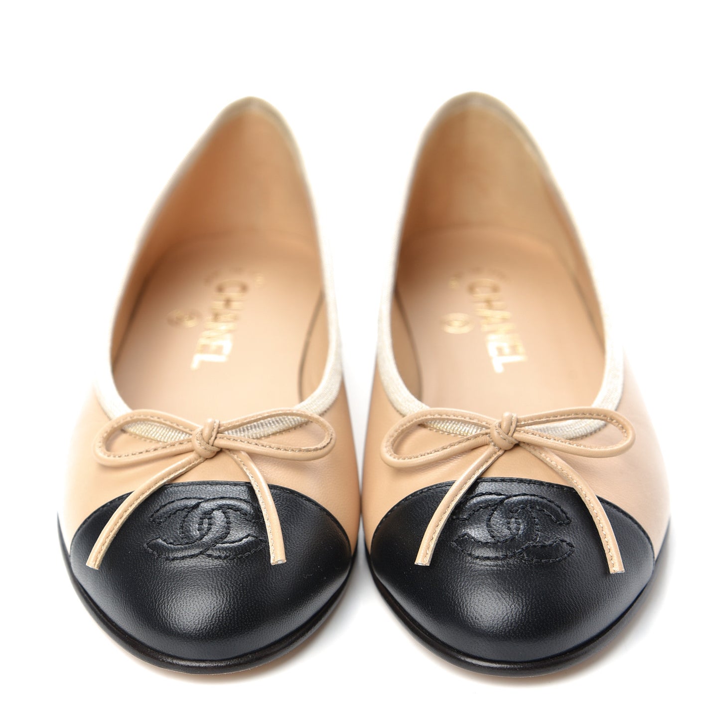 Lambskin CC Cap Toe Ballerina Flats 36 Beige Black