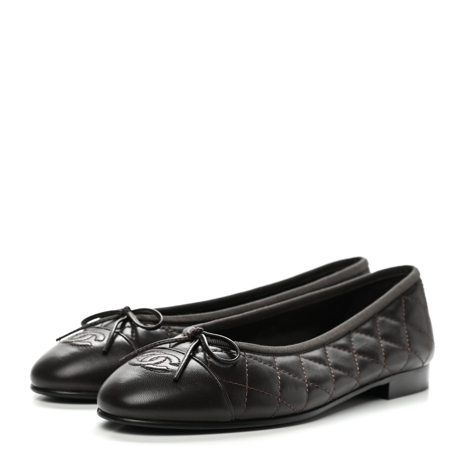 Chanel Lambskin Quilted CC Cap Toe Ballerina Flats 38 Dark Brown 3 of 8