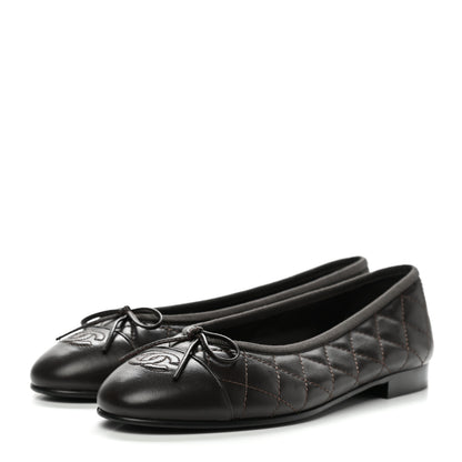 Chanel Lambskin Quilted CC Cap Toe Ballerina Flats 38 Dark Brown 3 of 8
