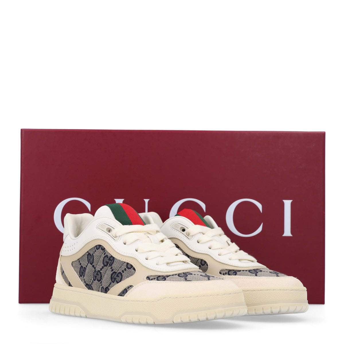 Calfskin Suede GG Monogram Re-Web Womens Sneakers 36.5 White Beige Blue
