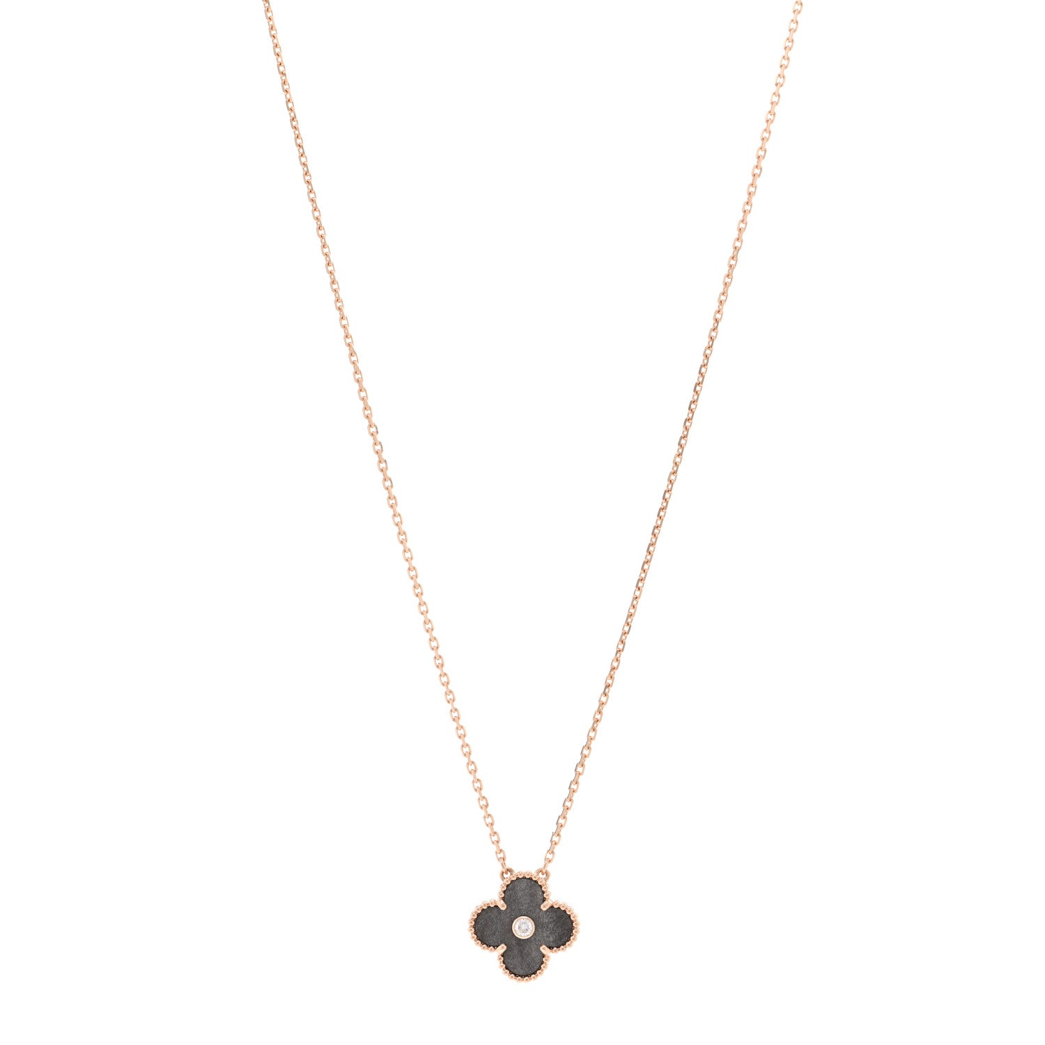 Van Cleef & Arpels 18K Rose Gold Diamond Silver Obsidian Vintage Alhambra Pendant Necklace 1 of 5