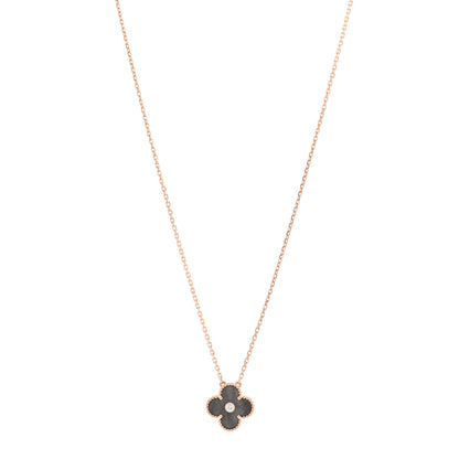 Van Cleef & Arpels 18K Rose Gold Diamond Silver Obsidian Vintage Alhambra Pendant Necklace 1 of 5