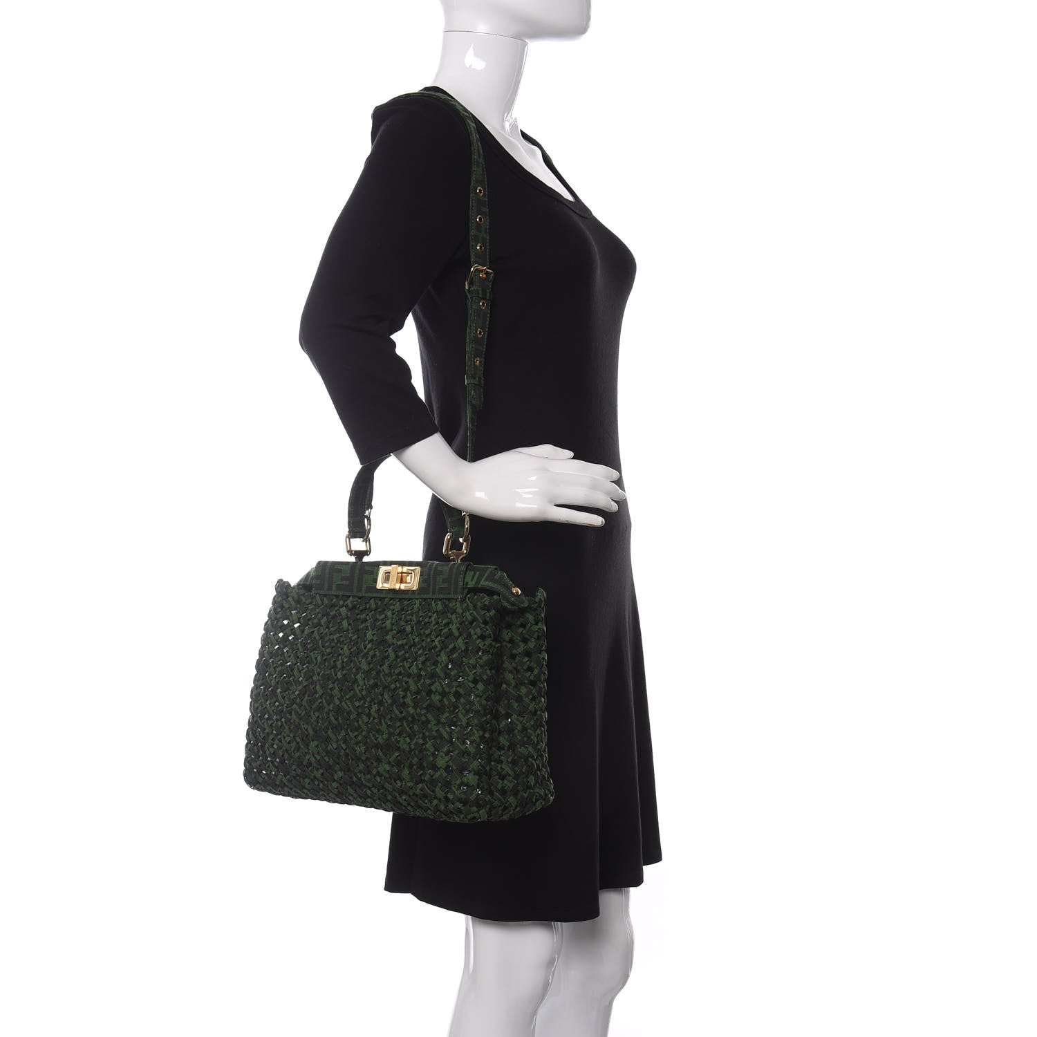 Fendi Fabric Jacquard FF 1974 Woven Knotted Medium Peekaboo Iconic Satchel Verde Black 2 of 11