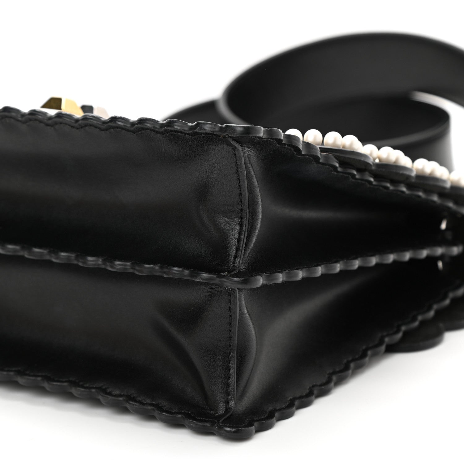 Fendi Vitello Liberty Pearl Bi-Color Flowers and Bows Scalloped Studded Kan I Shoulder Bag Black Camelia 10 of 10