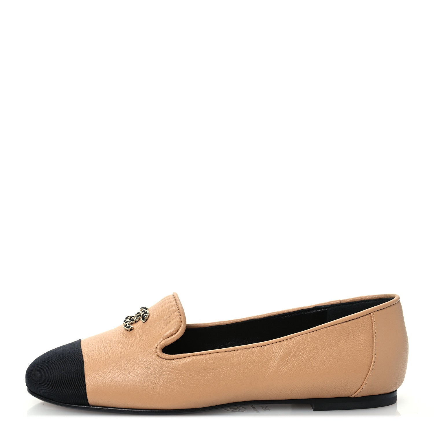 Chanel Lambskin Grosgrain Cap Toe CC Moccasin Loafers 35 Beige Black 1 of 10