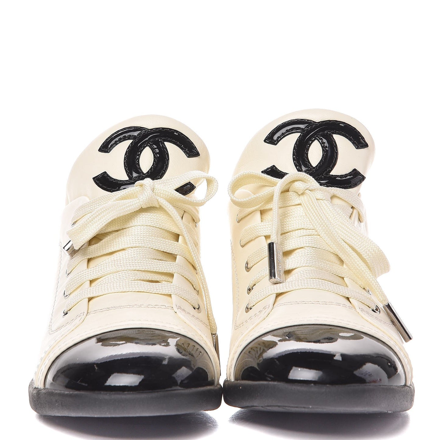 Lambskin Patent Calfskin CC Sneakers 38 White Black