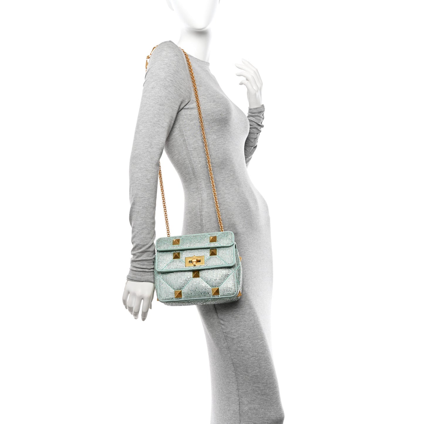 Crystal Suede Small Roman Stud Shoulder Bag Green