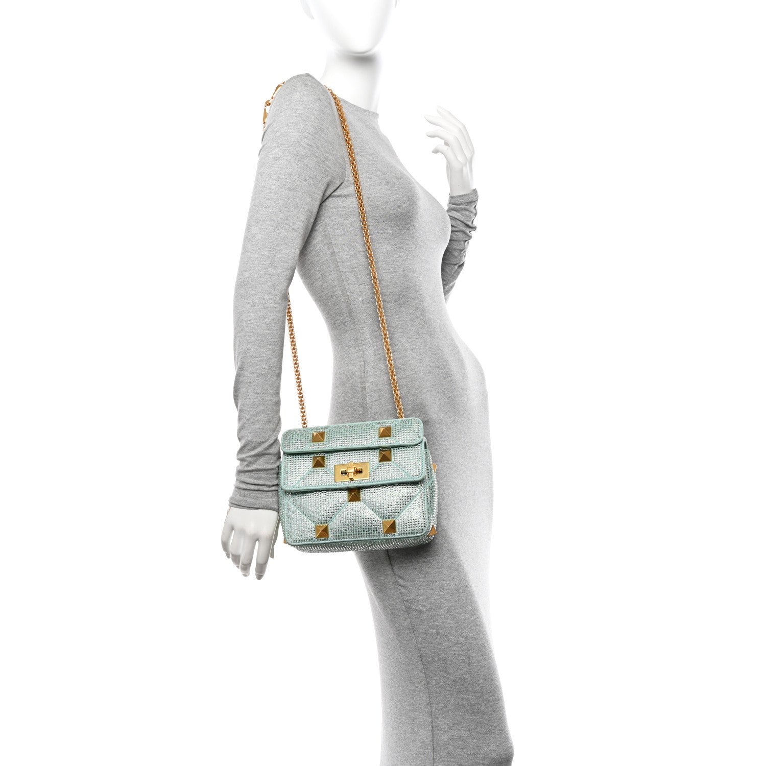 Valentino Garavani Crystal Suede Small Roman Stud Shoulder Bag Green 2 of 9