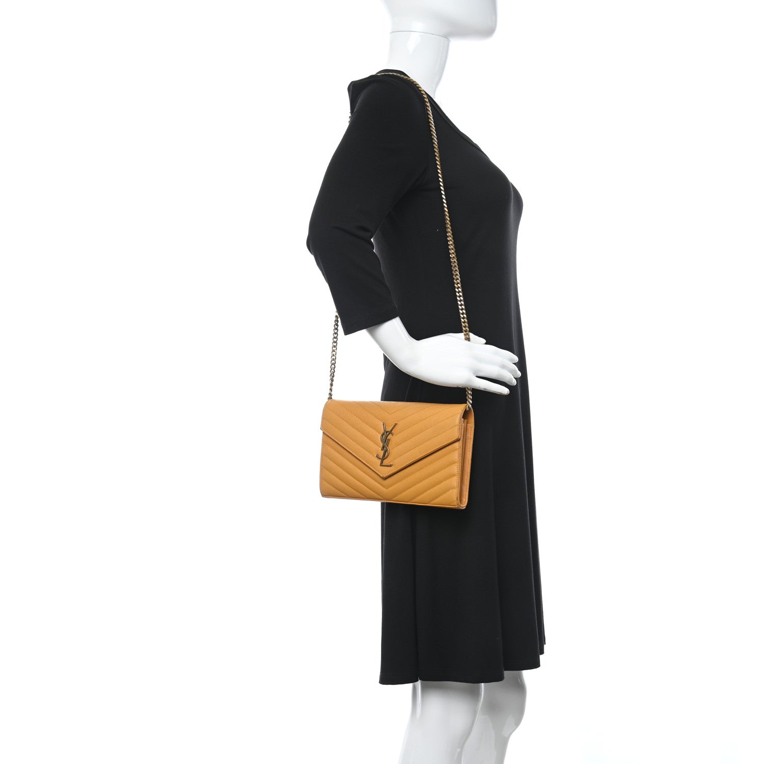 Saint Laurent Grain De Poudre Matelasse Chevron Monogram Chain Wallet Mustard 2 of 5
