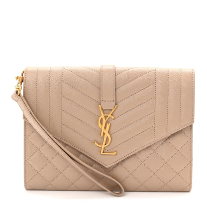 Saint Laurent Grain De Poudre Textured Mixed Matelasse Triquilt Monogram Clutch Dark Beige 1 of 9